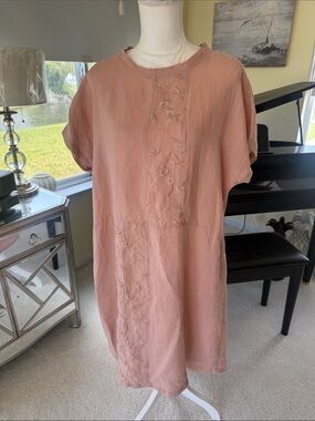 Mordenmiss Linen dusty rose  embroidered shift dress two pocket's women